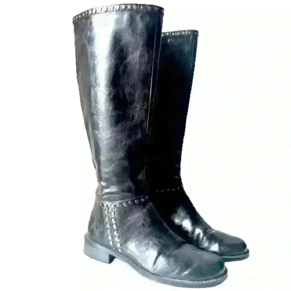 AEROSOLES BLACK LEATHER ZIPPED STUDDED KNEE BOOTS ROUND TOE SIZE 6.5 M